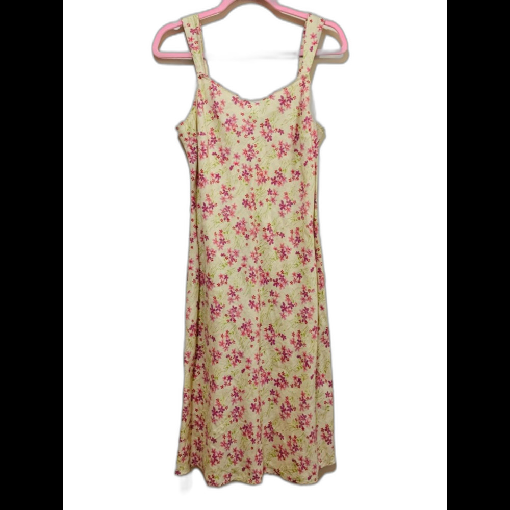 Vintage LOFT Linen Cream Midi Dress with Pink Floral Print size 8